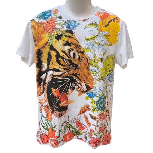 Heads or Tails Embellished Tiger Tropical Print T-Shirt Men's Size Large White - Picture 1 of 4